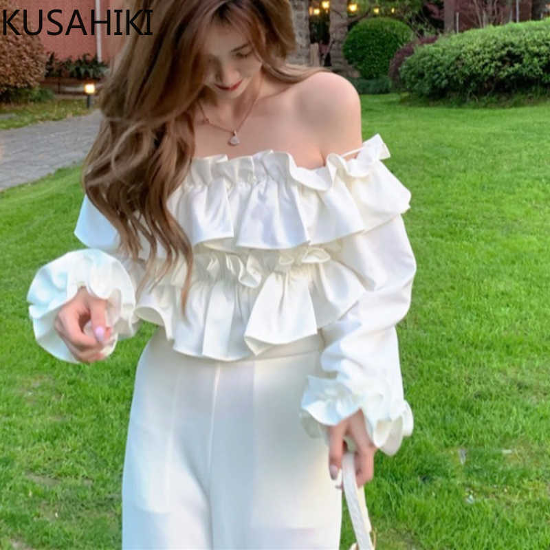 

KUSAHIKI Ruffle Sexy Slash Neck Blouse Shirt Korean Flare Sleeve Women Tops Summer Short Ruffle Patchwork Blusas 6G849 210602, White