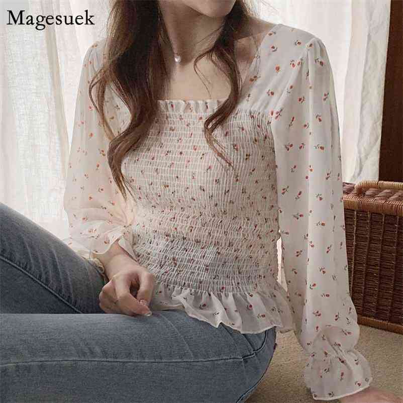 

Women Chic Vintage Print Ruffles Flare Sleeves Shirt Romantic Retro Square Collar Chiffon BlouseSweet Puff Sleeve Top 10311 210518, Black