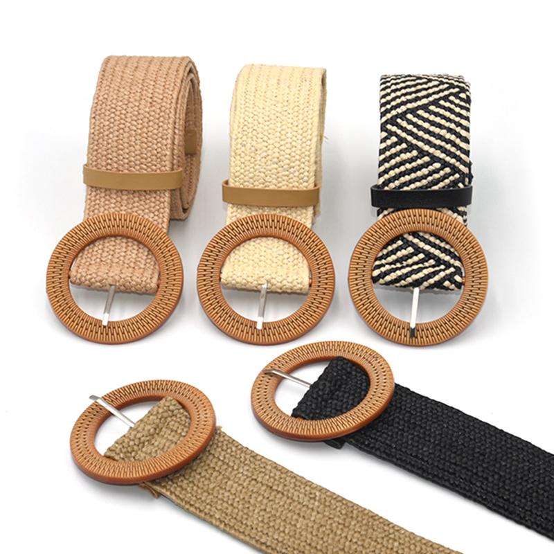 

Belts Round Square Wooden Buckle Vintage Bohe Straw Belt Women Knitted Dress Braided Elastic, Black;brown