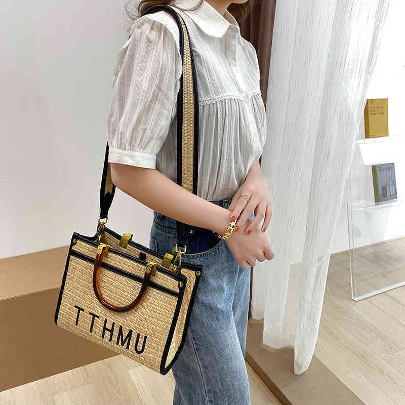 

2022 Latest Models handbag wholesale Shen Mengchen same women's large capacity Tote letter straw Single Shoulder, White