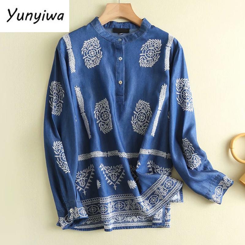 

Women's Blouses & Shirts Floral Embroidery Vintage Blue Denim Blouse Shirt Women Long Sleeve Stand Collar Plus Size Ladies Chemise Femme APW, As the picture