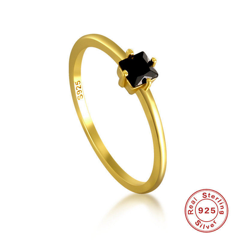 

Beautiful Simple Designs Black CZ Stone Ring 14K Yellow Gold 925 Sterling Silver Women's Solitaire Rings For Gift