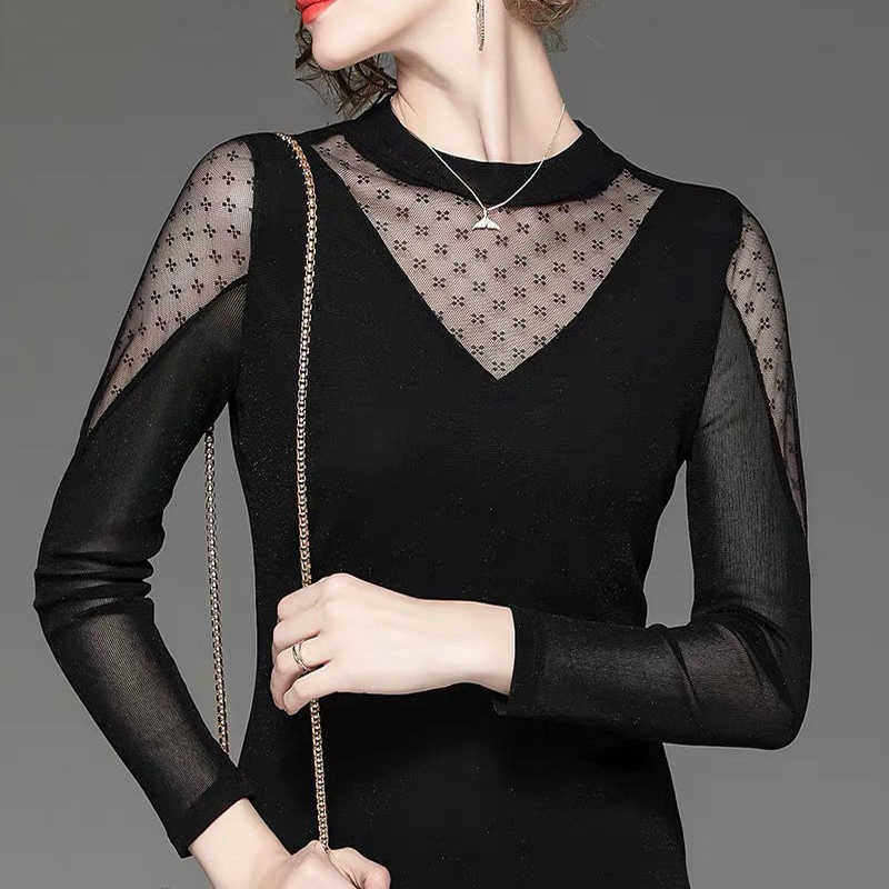 

Women's Spring Autumn Style Lace Shirts Slight Transparent Long Sleeve O-Neck Elegant Fashion Casual Blusas Tops DF3293 210609, Red