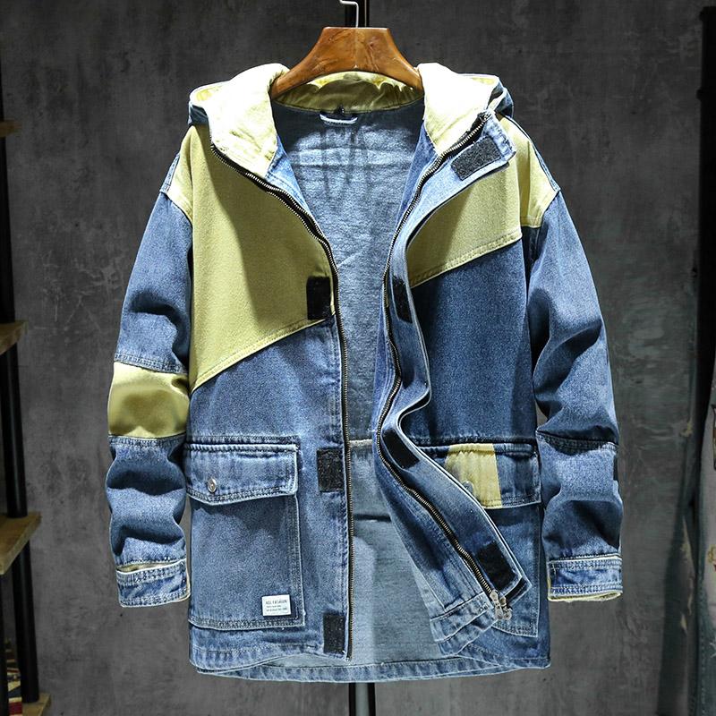 

Men's Jackets 2021 Spring And Autumn Hooded Stitching Contrast Color Tooling Denim Jacket Male Korean Style Trendy Youth Top, As pic