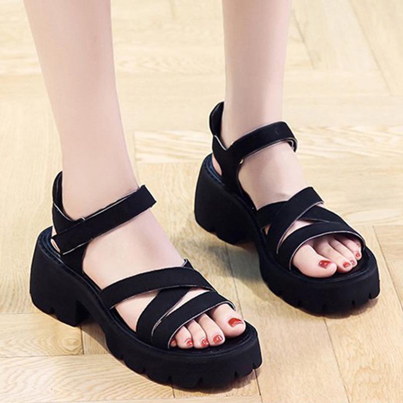 

Dress Shoes Gladiator Platform Women's Sandals 2021 Summer Ankle Strap Square Heels Women Open Toe Thick Heel Rome Lady, Beige