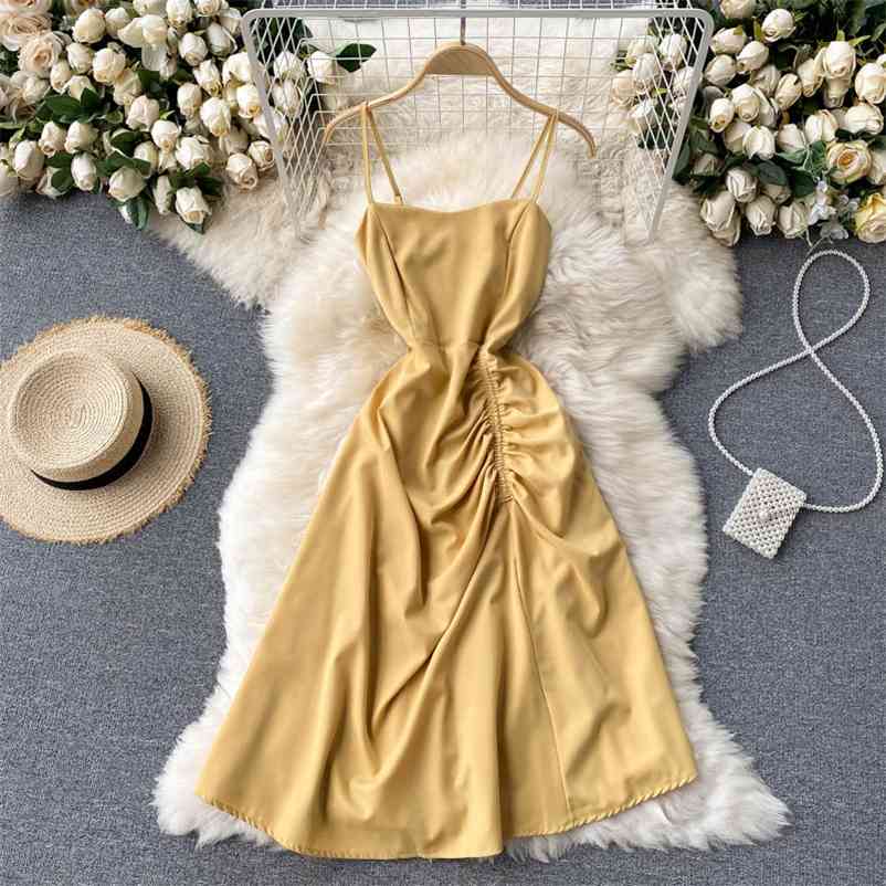 

Women Beach Style Pleated Irregular Midi Suspender Dress Solid Color Slim Fashion Spring Summer 11B742 210525, Black