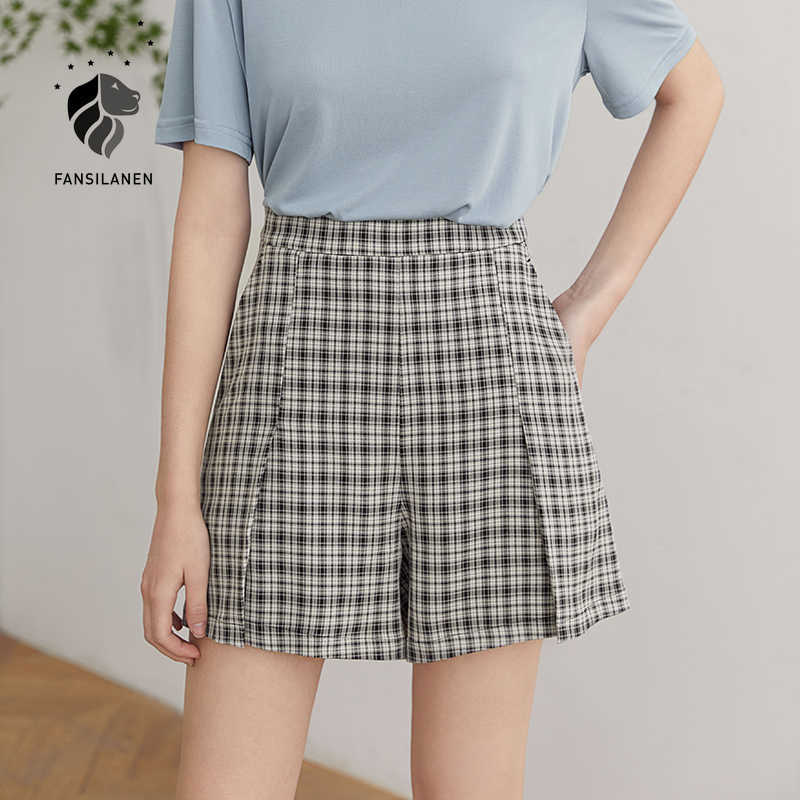 

FANSILANEN Wide leg pleated plaid casual shorts Women loose vintage high waist Female streetwear sexy summer 210607, Gray