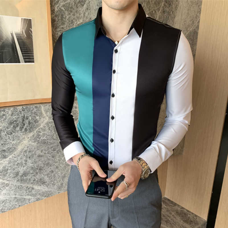 

British Style Striped Mens Shirts Casual Slim Fit Camisa Masculina Autumn Long Sleeve Formal Dress Shirts Streetwear Blouse 210527, Green