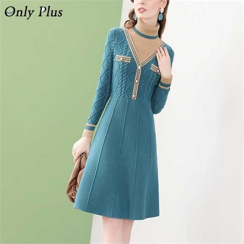 

Blue Knitted Warm Sweater Dresses Design Patchwork Turtleneck Twist A-Line Elegant Dress For Women Fashion Slim Clothes 211109