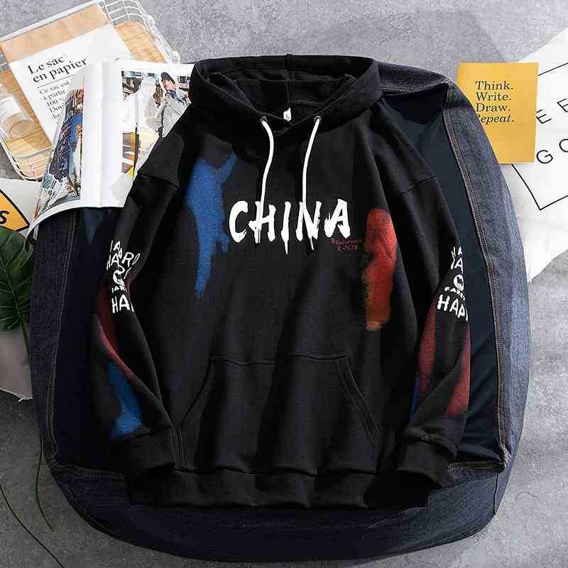

Spring Korean men's long sleeve hooded sweater style loose trend with round neck and Chinese characters easy to wear Hooded Jacket2021, Black