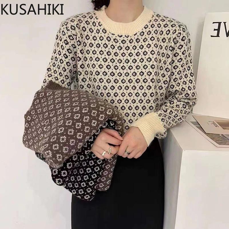 

Women's Sweaters KUSAHIKI Vintage Floral Jacquard Knitted 2021 Autumn Long Sleeve Pull Femme Causal O-neck Knitwear Tops 6V985, White;black