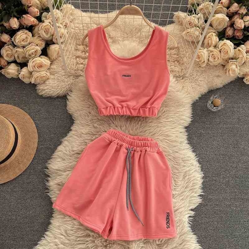 

Korean version of age-reducing sports suit women's vest short top, high waist and thin wide-leg shorts two-piece 210525, Black