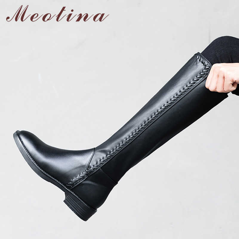 

Meotina Winter Knee High Boots Women Natural Genuine Leather Thick Heel Riding Boots Zip Round Toe Shoes Lady Autumn Size 34-39 210608, Black synthetic lini