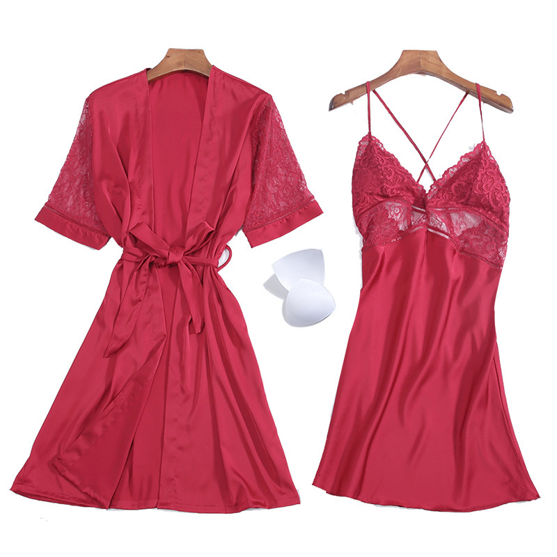 

housewear silk women's breast pad 2-piece set with 7-sleeve hollow out nightgown, Black;red