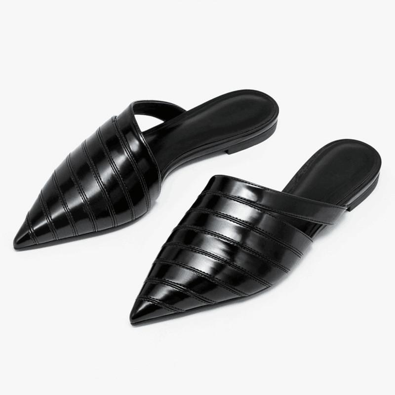 

Slippers Shoes Woman's Cover Toe Female Mule Slides 2021 Pointed Mules Flat Rubber Fabric Sewing PU Basic Patent Leather