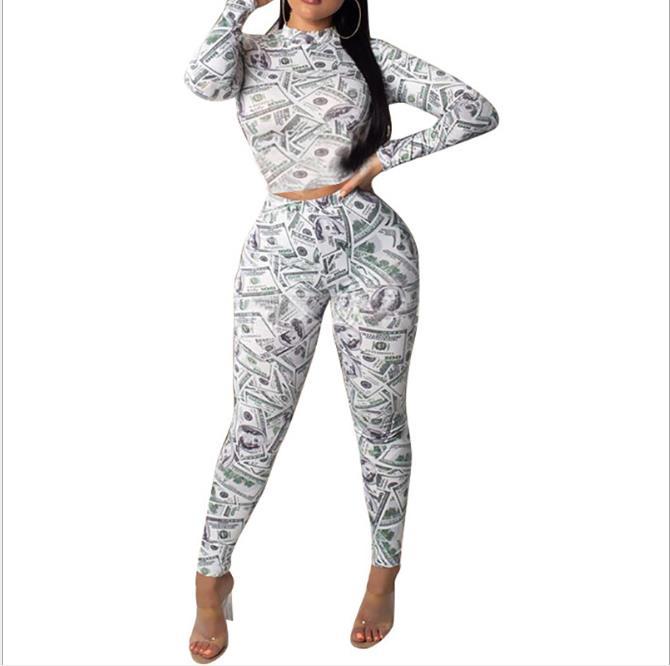 

Womens Long Pants 2pcs Clothing Sets Long Sleeve Dollar Print Fashion Casual Women Two Piece Pants, White