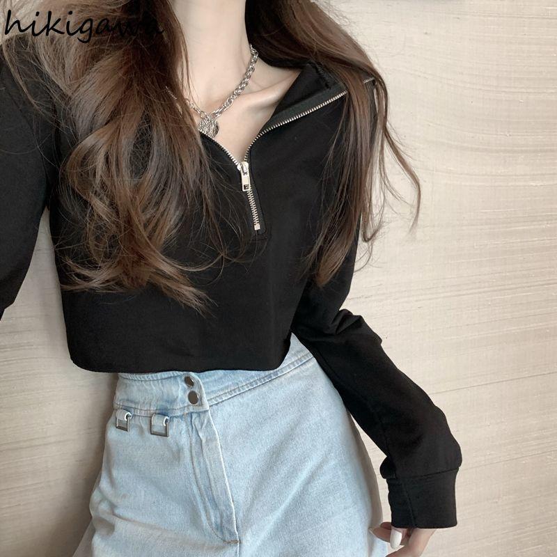 

Women' Hoodies & Sweatshirts Hikigawa Fashion Women Streetwear Y2k Cropped Tops Female Harajuku Zipper Loose Casual Hooded Sweatshirt Ropa, Black