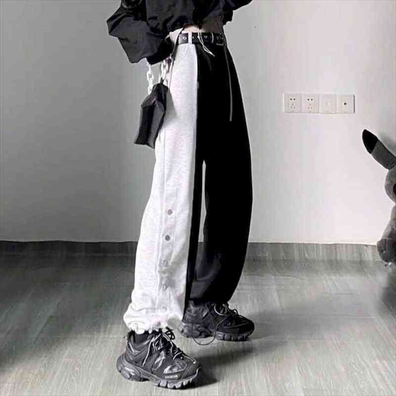 

Gothic Punk Wide Leg Pants Women Ins High Waist Drape Contrast Stitching Straight Casual Sports Beam Pants Korean Style, Black;white