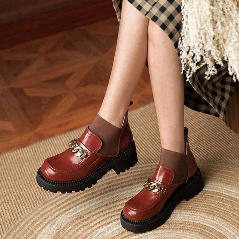 

boots metal chain decoration woman short leather boots real winter shoes ankle party club size 34-40 5bss, Black