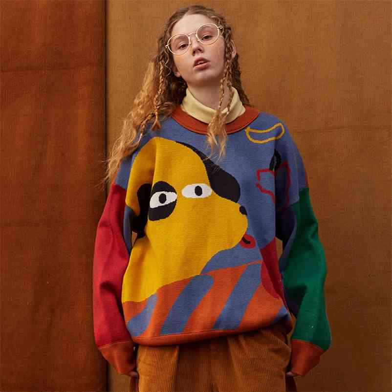 

Harajuku BF loose soft Winter Design Women Pullover Sweaters Long Sleeve Cartoon Dogs Color Block High-quality Knitwear tops 210830, Multi