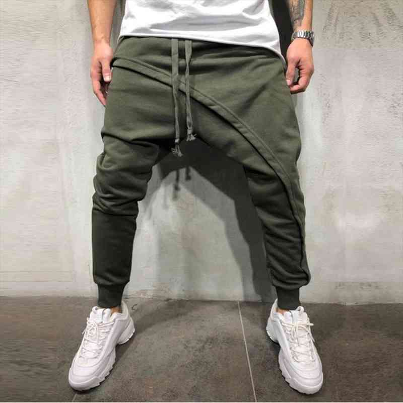 

fashion harem solid color women pants drawstring asymmetric double layer long running jogger baggy for mens clothings, Black