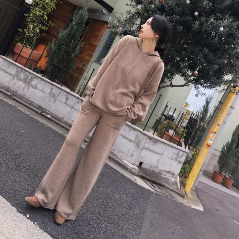 

Fall Winter Thick Warm Knitted Hooded Tracksuit Women Pullover Sweater + Pants Two Piece Sets Trousers Sweatshirts Suit 210525, Picture color