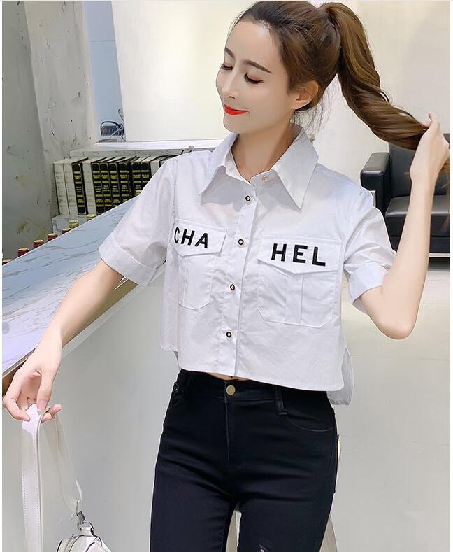 

Fashion luxurious summer Elegant White classic Blouse Shirt Women's short Sleeve Buttton Woman Blouses Womens Tops