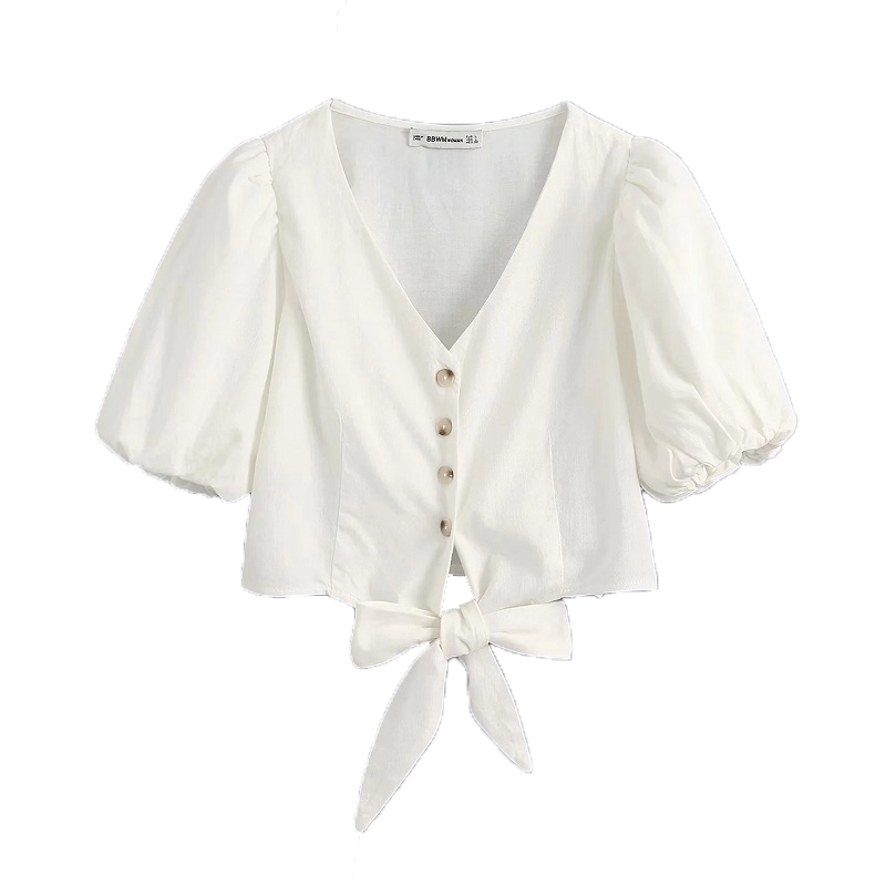 

Women Fashion Bow Tie Buttons Smocked Blouses Vintage V Neck Puff Sleeve Shirts Girls Chic Tops 210520, As picture