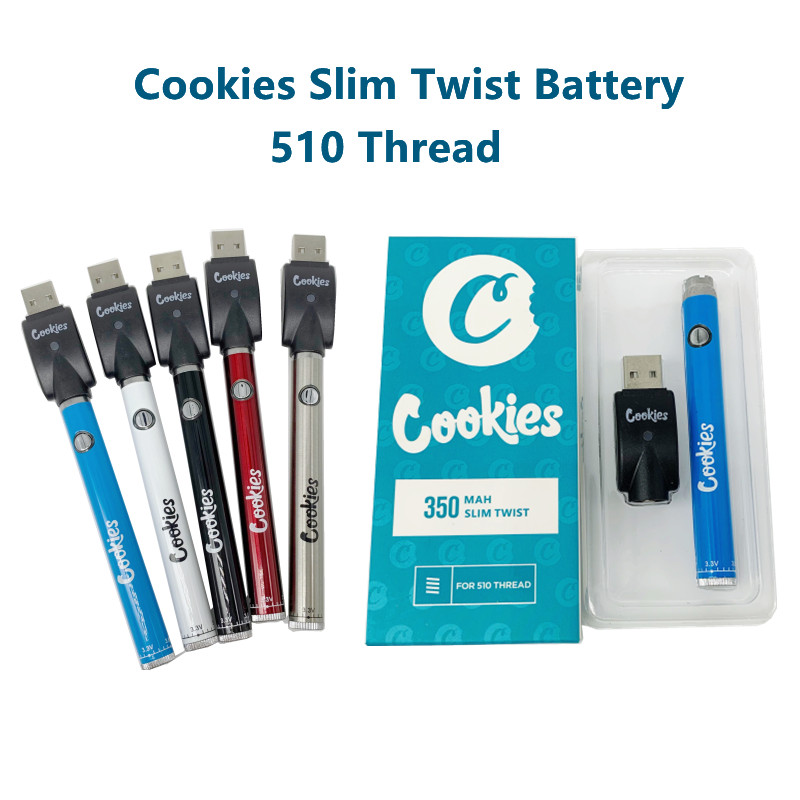 

Cookies Slim Twist Battery 350mAh Bottom 3.3-4.8V Preheat VV Cartridge California Vape Blister Batteries Pen for 510 Thread Carts