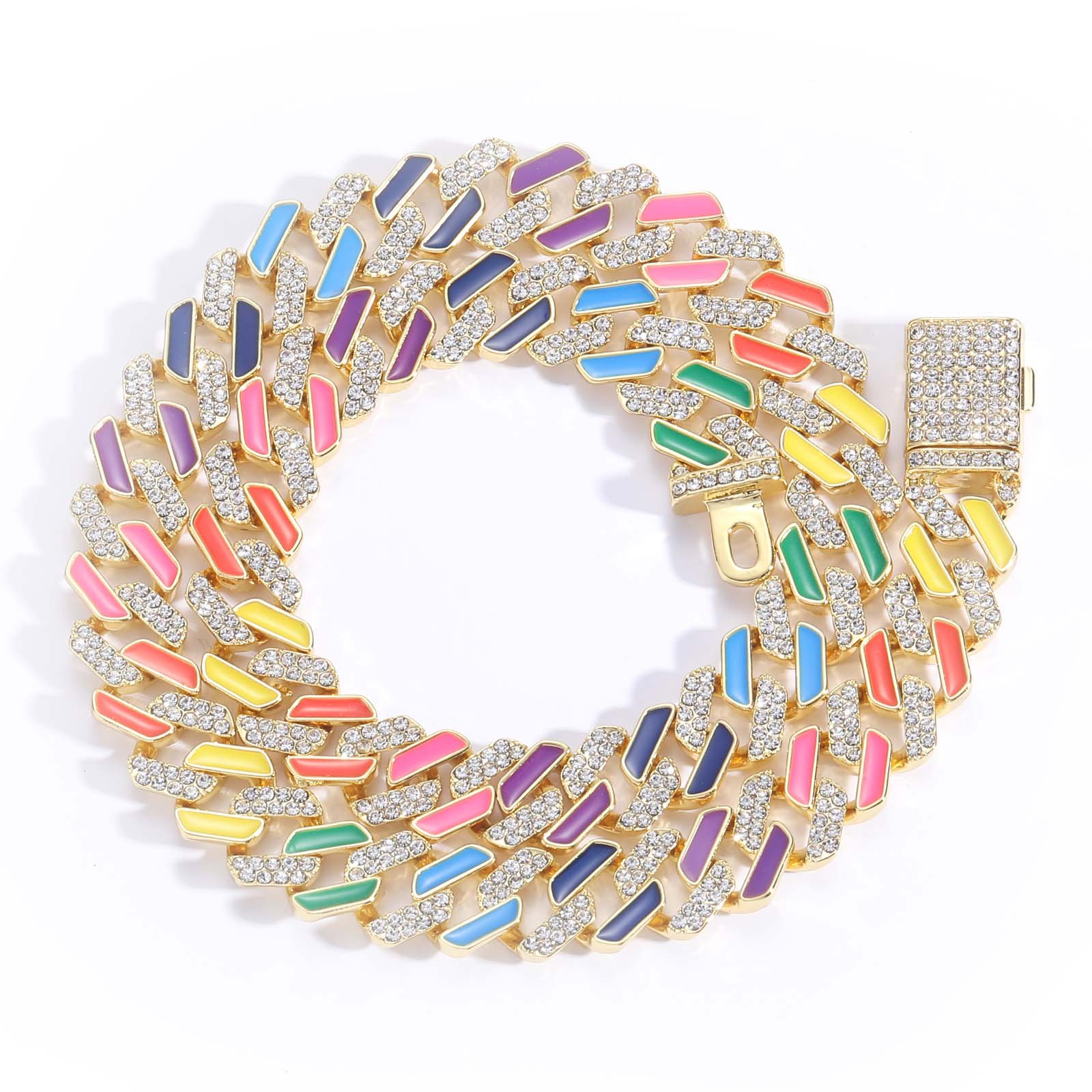 

12MM Iced Out Cuban Necklace Link Chain For Women Crystal Neon Colorful Enamel Choker Rainbow CZ Bracelet Jewelry