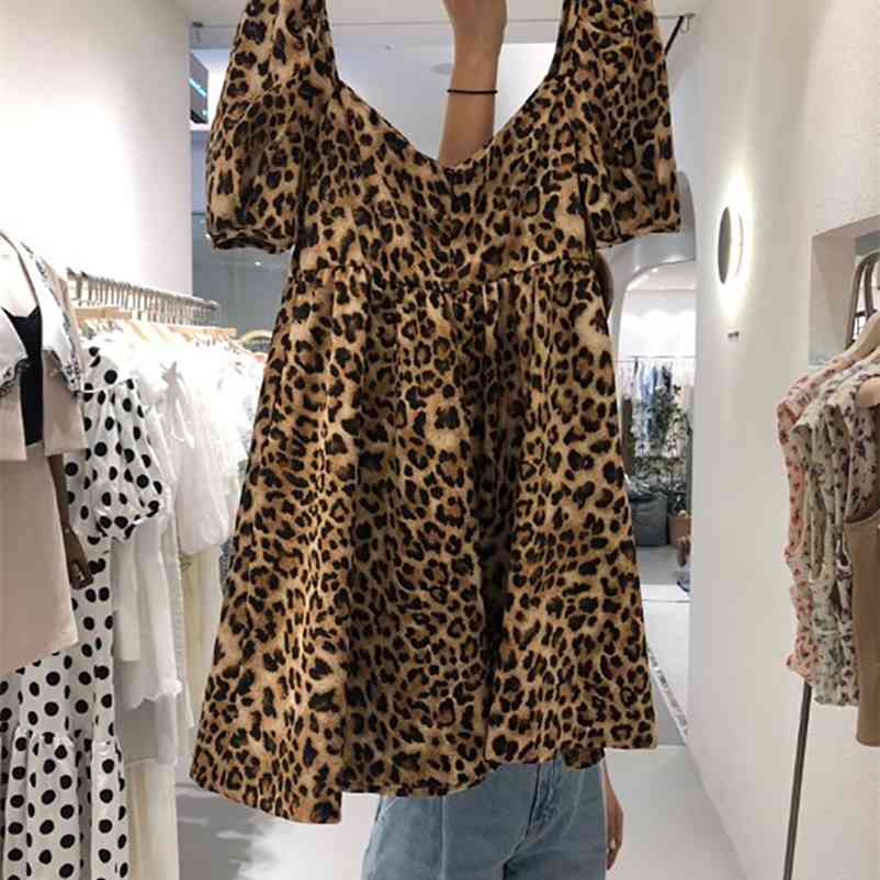 

Korea Women's Summer Loose-fitting Side Collar Elastic Waist Leopard Print Stitched Short-sleeved Dress 210615, Photo color