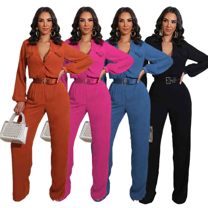 

Women's Jumpsuits & Rompers Vintage Jumpsuit Women Clothing Solid Color Button Up Pockets Office Lady One Piece Overalls Combinais, As picture show