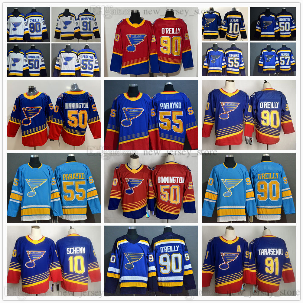 

2021 Reverse Retro St. Louis Blues Hockey 90 Ryan O'Reilly Jerseys 50 Binnington 10 Brayden Schenn 55 Colton Parayko 57 David Perron 91 Vladimir Tarasenko Jersey, Same as picture