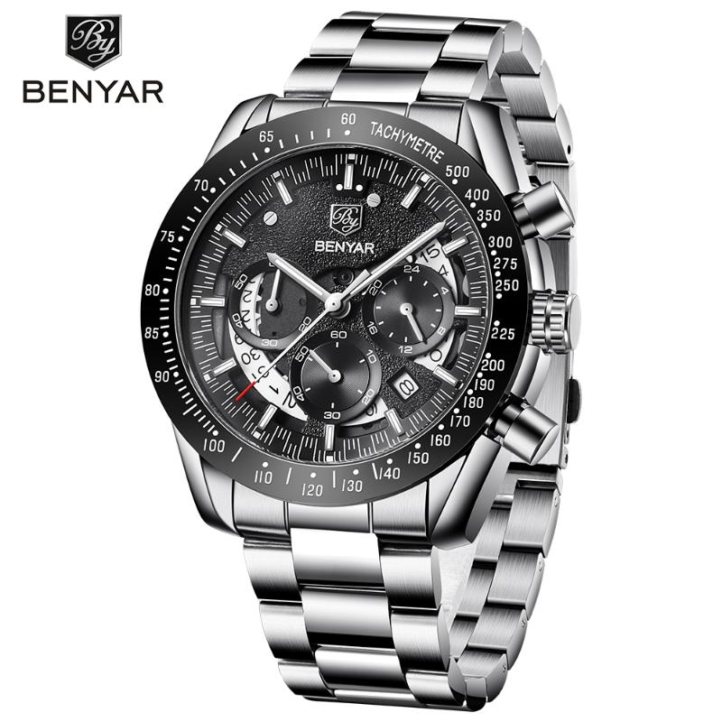 

Wristwatches Mens Watches 2021 BENYAR Top Watch Men Sport Silicone Chronograph Quartz Male Business Waterproof Relogio Masculin, Leather black white