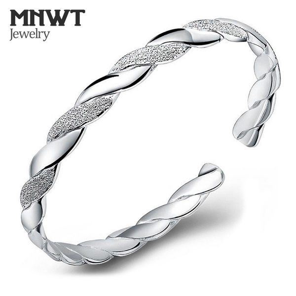 

Mnwt Silver Jewelry Bracelets for Women Frosted Onterwoven Silver Plated Bangles Open Design Size Adjustable Wome's Bracelets Q0719