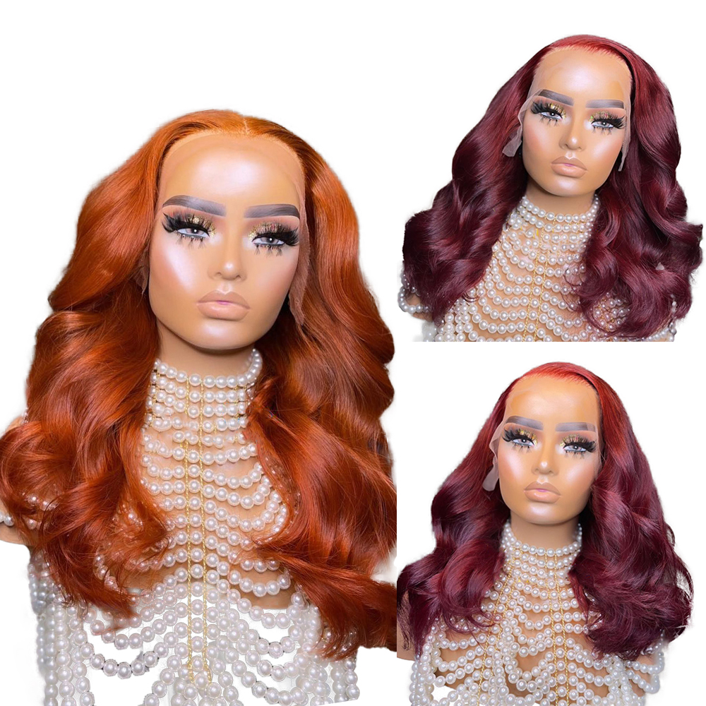 

99J 13x4 Lace Front Wigs Body Wave Ombre Orange Virgin Human Hair Brazilian Bleached Knots Pre Plucked With Baby Hair 130% 150% 180% Density For Women Burgundy