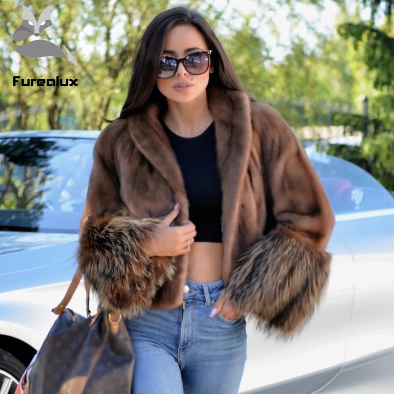 

Women's Fur & Faux Furealux Women Short Real Mink Coat Natural With Raccoon Cuff Jacket Winter Fashion Temperament Streetwear Outerwear, Mkw-012