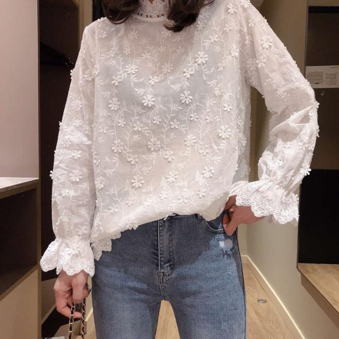 

Women's Blouses & Shirts Lamtrip 3D Floral Stitch Sweet Romantic Face Flower Lacing Ruffled Collar Shirt Long Sleeve White Blouse