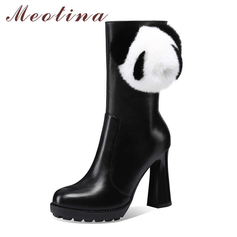 

Meotina Genuine Leather Platform Super High Heel Mid Calf Boots Women Shoes Zipper Chunky Heels Fashion Female Boots White 33-40 210608, Black synthetic lin