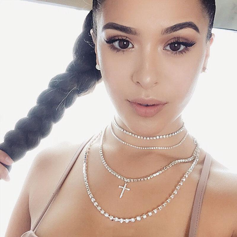 

Pendant Necklaces Stonefans Multilayer Rhinestone Chain Cross Necklace For Women Luxury Statement Choker Crystal Party Jewelry