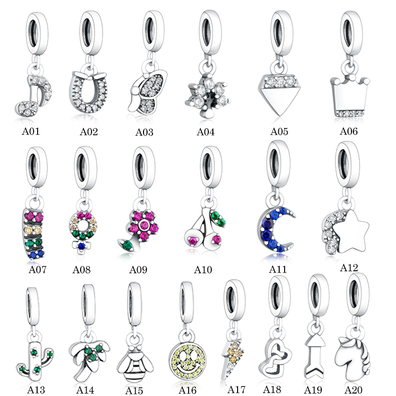 

925 Sterling Silver Zircon Moon Palm Tree Cactus Lightning Cherry Diamond Crown Small Pendant Beads Making Women Jewelry DIY Fit Original Pandora Charm Bracelet