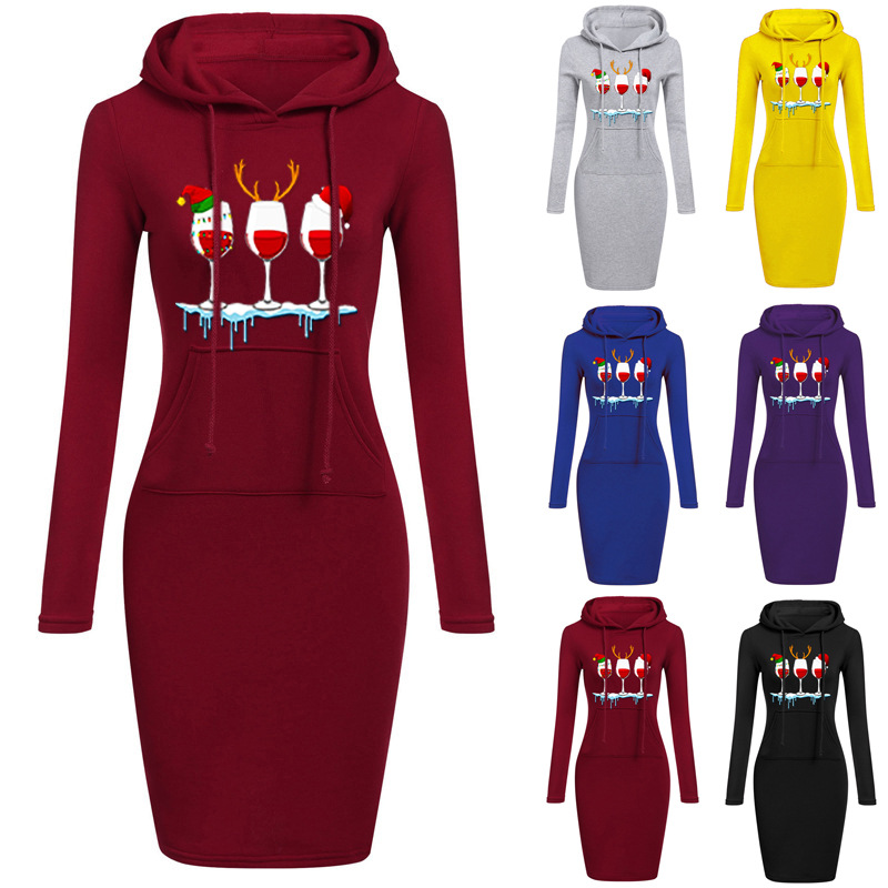 

Women Casual Dress Autumn Winter Ladies Christmas Hooded Printing Long Sleeve Loose Middle Length Pullover Dress Streetwear, Purple