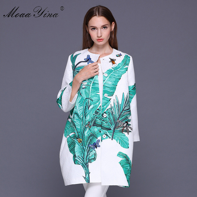

Designer Coat Summer Women Long sleeve Jacquard Banana leaves Dragonfly Butterfly Beaded Crystal Casual Loose Overcoat 210524, White