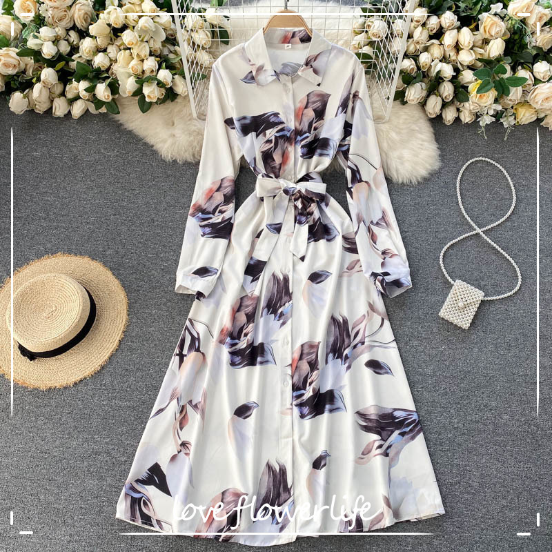 

LoveFlowerLife Korean Retro Turndown-Collar Button A-line Dress Spring Boho Casual Vacation Long Dress Women Elegant Print Dress 210521, White