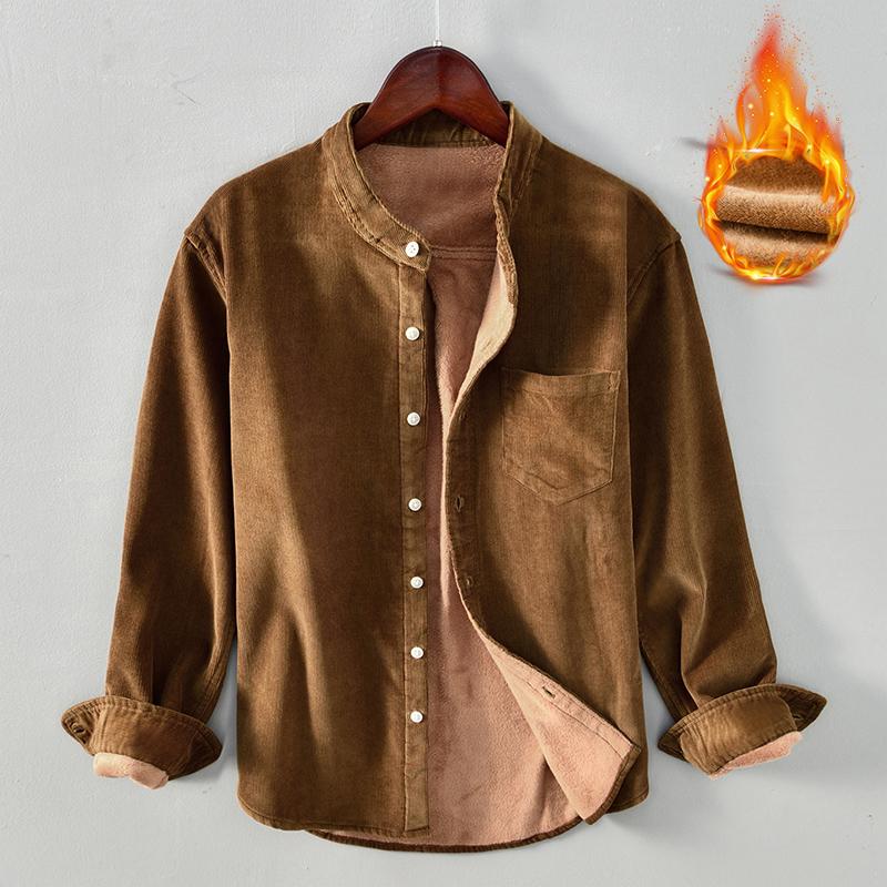 

Men's Casual Shirts Corduroy Shirt For Men Long Sleeve Plus Velvet Thickening Solid Color Tops Male Cotton Stand Collar Keep Warm, Brown