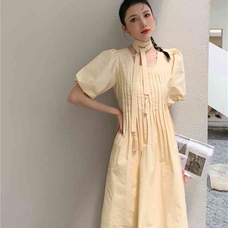 Robes décontractées Crème Couleur Lanterne à manches courtes Été Colfr Cou Une ligne Long Midi Midi Mode Coréen Vêtements Im9W