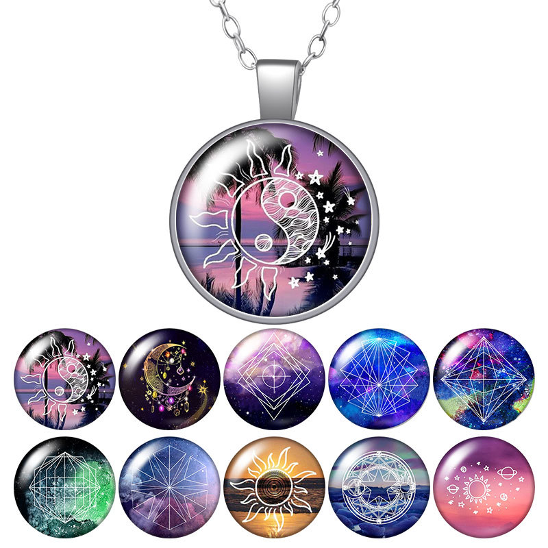 

Nigth Sky Planet Sun Moon Scenery Round Pendant Necklace 25mm Glass Cabochon Silver Color Jewelry Women Party Birthday Gift 50cm
