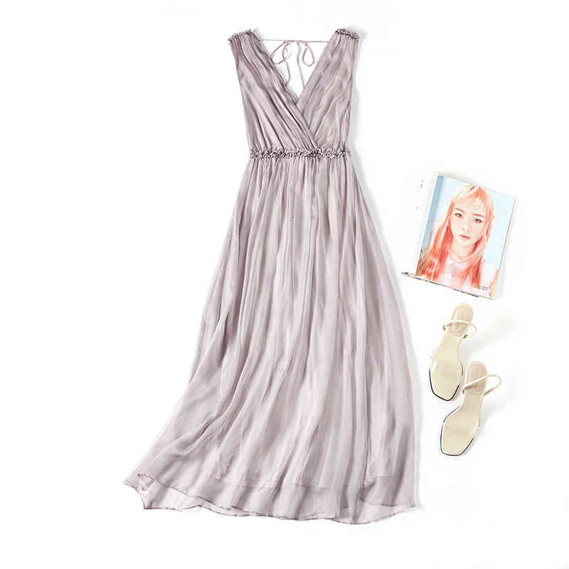 

Casual Dresses Mulberry silk Shenzhen dress summer women' slim fit sleeveless big swing fashion V-neck real medium and long skirt PL2P, White