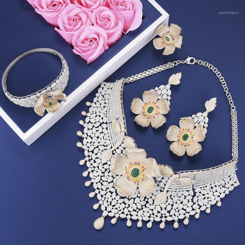 

Earrings & Necklace LARRAURI 4PCS Dangle Ring Luxury Nigerian Jewelry Sets For Women Flower CZ Dubai Wedding, Silver