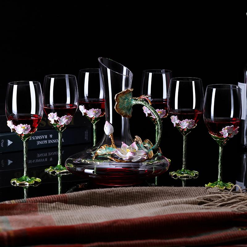 

Lead-free Crystal Glass Red Wine Decanter Set Enamel Irises Cup Champagne Wedding Gifts Glasses